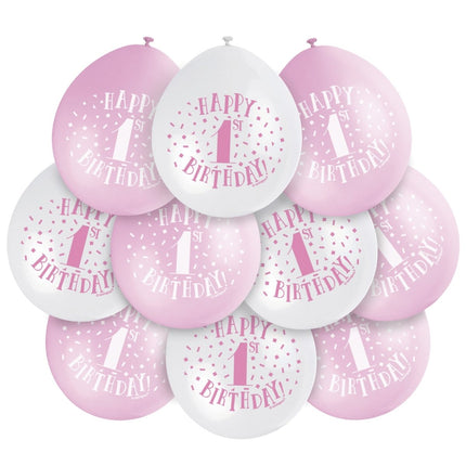 Ballonnen 1 Jaar Happy Birthday Roze 28cm 10st van Unique koop je bij Partywinkel