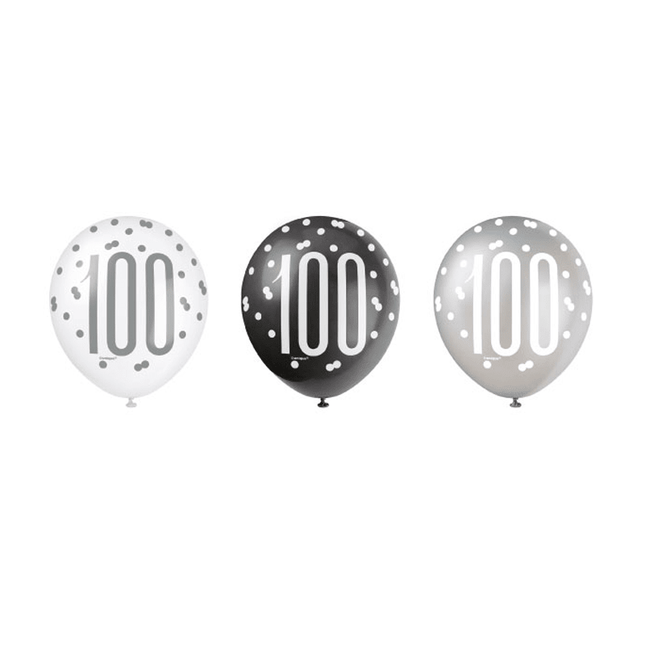 Ballonnen 100 Jaar Stippen Zwart 30cm 6st van Unique koop je bij Partywinkel