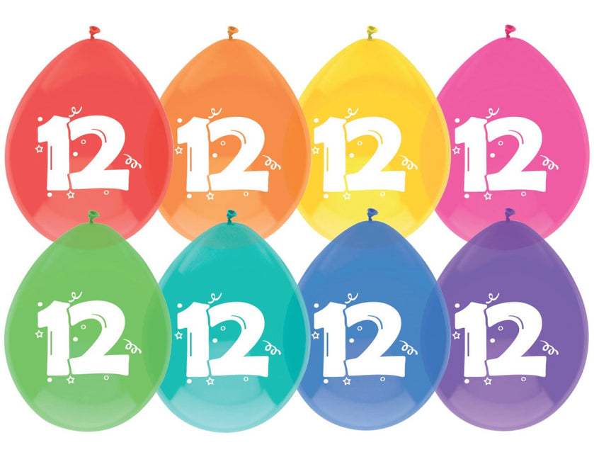 Ballonnen 12 Jaar Gekleurd 30cm 8st van Haza Witbaard koop je bij Partywinkel