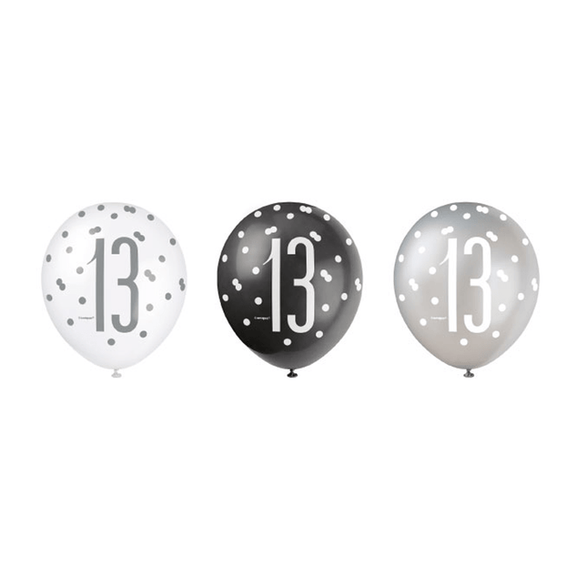 Ballonnen 13 Jaar Stippen Zwart 30cm 6st van Unique koop je bij Partywinkel