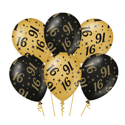 Ballonnen 16 Jaar Goud Zwart 30cm 6st van Paper Dreams koop je bij Partywinkel