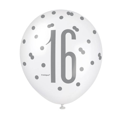 Ballonnen 16 Jaar Stippen Zwart 30cm 6st van Unique koop je bij Partywinkel