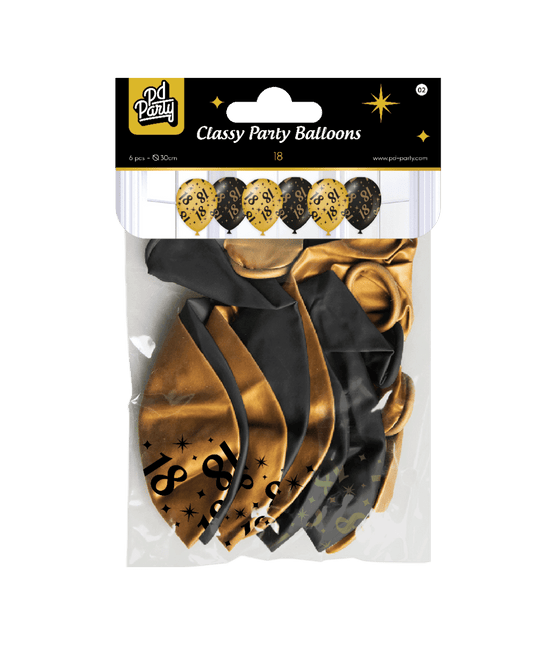 Ballonnen 18 Jaar Goud Zwart 30cm 6st van Paper Dreams koop je bij Partywinkel