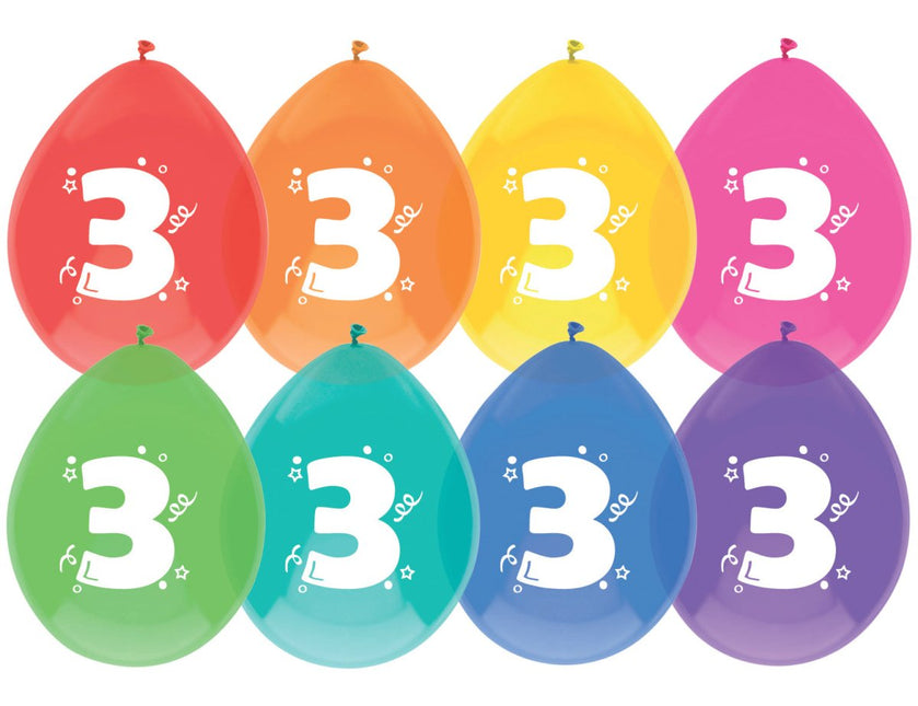 Ballonnen 3 Jaar Gekleurd 30cm 8st van Haza Witbaard koop je bij Partywinkel