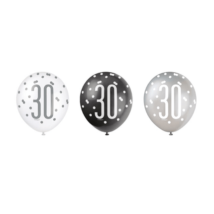 Ballonnen 30 Jaar Stippen Zwart 30cm 6st van Unique koop je bij Partywinkel