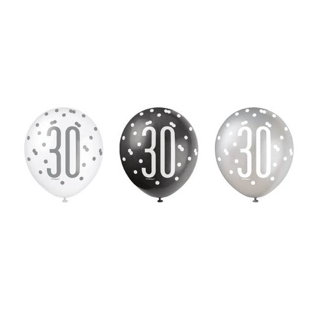 Ballonnen 30 Jaar Stippen Zwart 30cm 6st van Unique koop je bij Partywinkel
