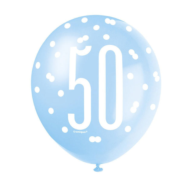 Ballonnen 50 Jaar Stippen Blauw 30cm 6st van Unique koop je bij Partywinkel