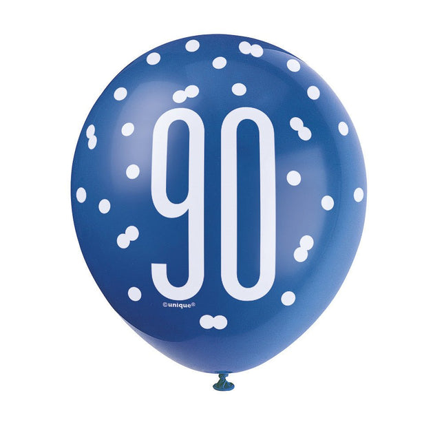 Ballonnen 90 Jaar Stippen Blauw 30cm 6st van Unique koop je bij Partywinkel