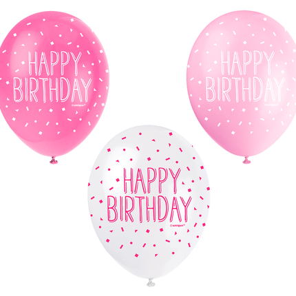 Ballonnen Happy Birthday Confetti Roze 30cm 5st van Unique koop je bij Partywinkel