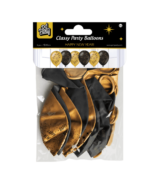 Ballonnen Happy New Year Goud Zwart 30cm 6st van Paper Dreams koop je bij Partywinkel