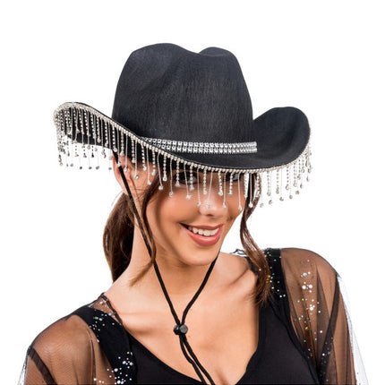 Zwarte Cowboyhoed met Hangende Strass One Size