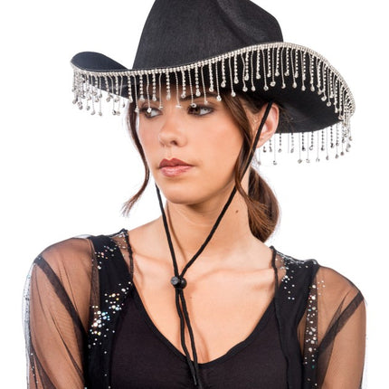 Zwarte Cowboyhoed met Hangende Strass One Size
