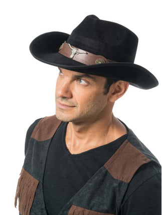 Zwarte Cowboyhoed met Stierenkop One Size