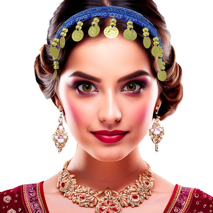 Blauw Gouden Hoofdband Munten van Fiestas Guirca koop je bij Partywinkel