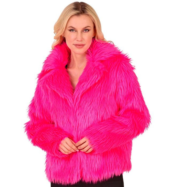 Bontjas Pluche Dames Neon Roze van Widmann koop je bij Partywinkel