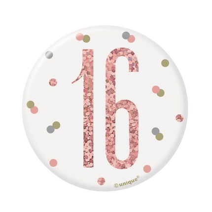 Button 16 Jaar Rose Goud 8cm van Unique koop je bij Partywinkel