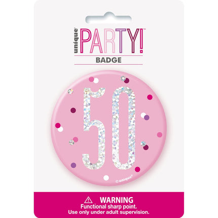 Button 50 Jaar Roze 7cm van Unique koop je bij Partywinkel
