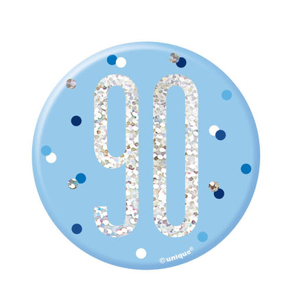 Button 90 Jaar Blauw 7cm van Unique koop je bij Partywinkel