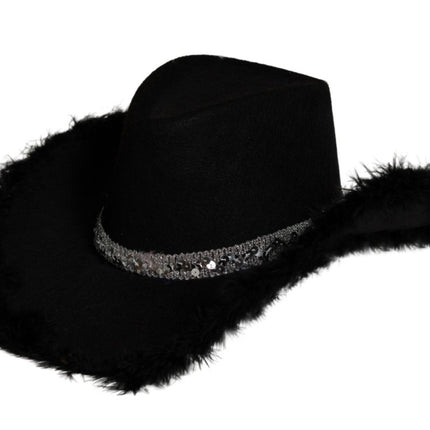 Cowboy Hoed Glitter met Bont Zwart van Partychimp koop je bij Partywinkel