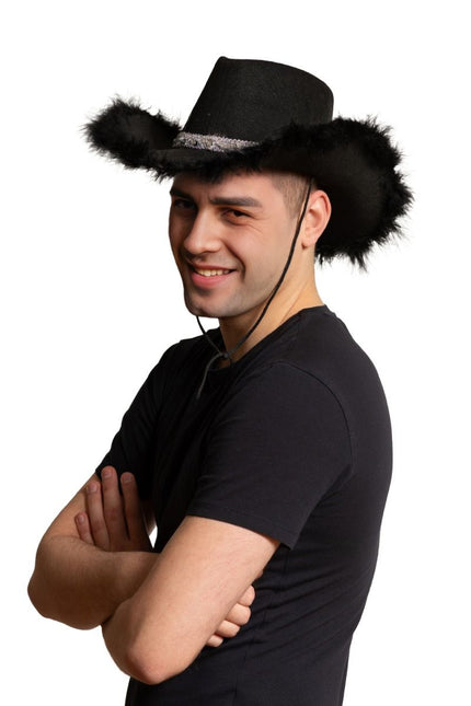 Cowboy Hoed Glitter met Bont Zwart van Partychimp koop je bij Partywinkel