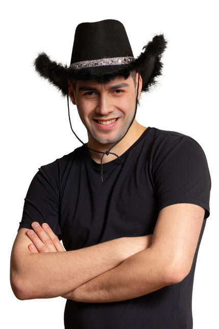 Cowboy Hoed Glitter met Bont Zwart van Partychimp koop je bij Partywinkel