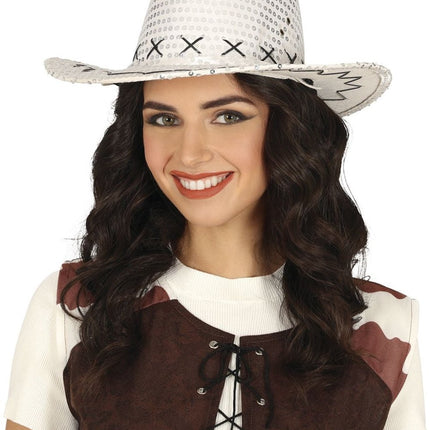 Cowboy Hoed Zilver Pailletten van Fiestas Guirca koop je bij Partywinkel