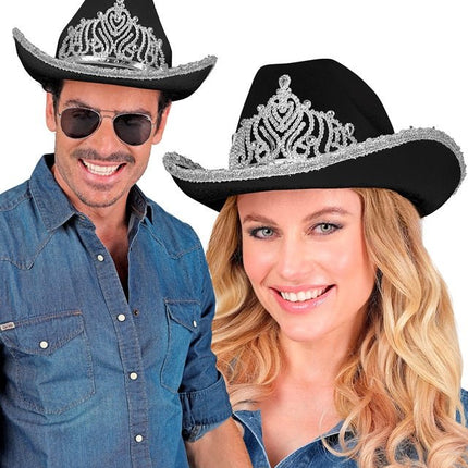 Cowboyhoed Partygirl Met Tiara Zwart van Widmann koop je bij Partywinkel
