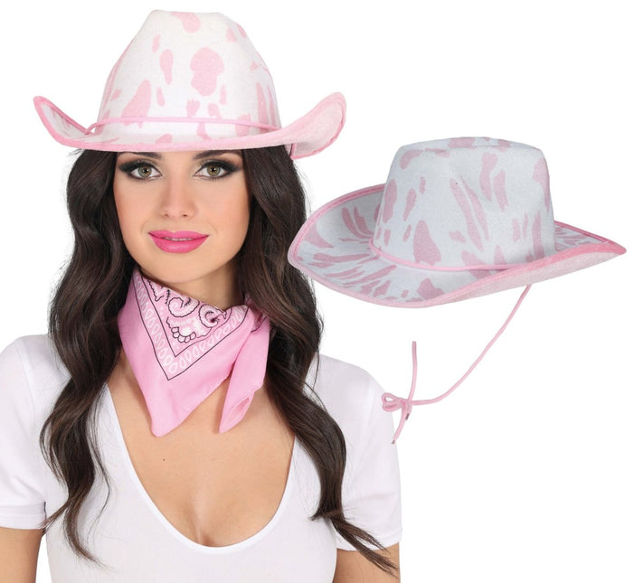 Cowgirl Hoed Wit Roze Koeien Print van Fiestas Guirca koop je bij Partywinkel
