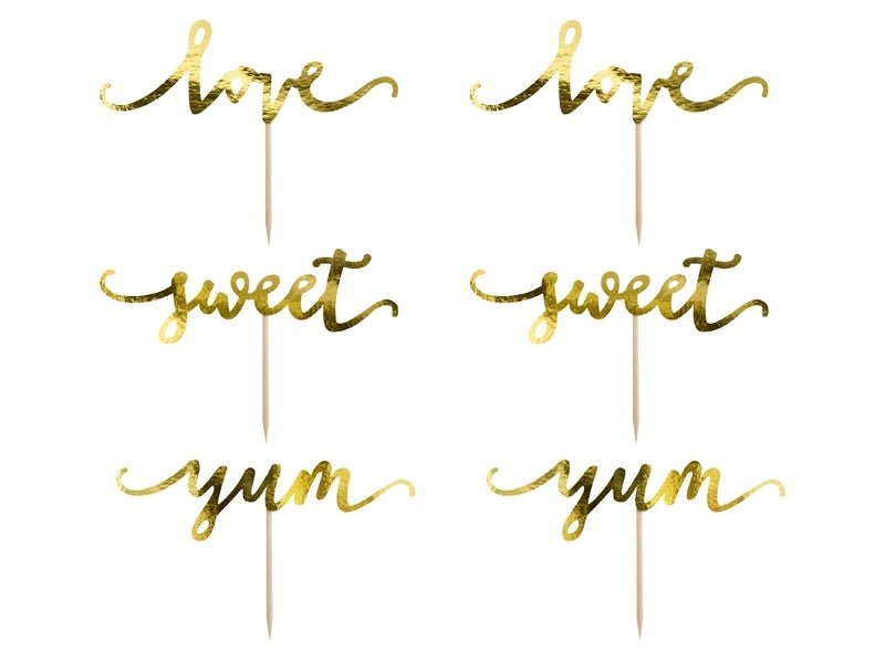 Cupcake Toppers Goud Sweet Love Yum 13cm 6st van Partydeco koop je bij Partywinkel