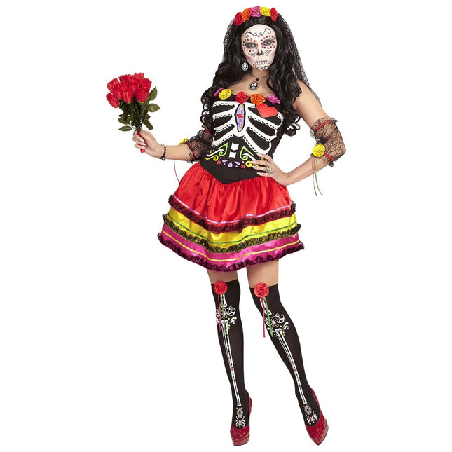 Dia De Los Muertos Jurk Gekleurd Dames Kort van Widmann koop je bij Partywinkel