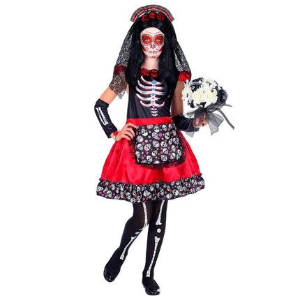 Dia De Los Muertos Jurk Zwart Rood Meisje van Widmann koop je bij Partywinkel