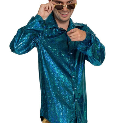 Disco 70S Blouse Blauw Glans van Partychimp koop je bij Partywinkel