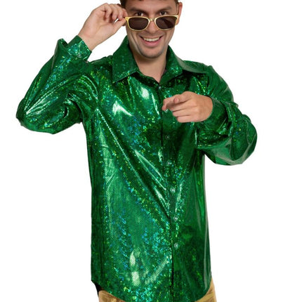 Disco 70S Blouse Groen Glans van Partychimp koop je bij Partywinkel