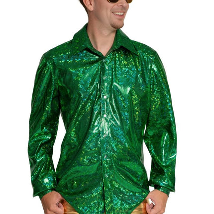 Disco 70S Blouse Groen Glans van Partychimp koop je bij Partywinkel