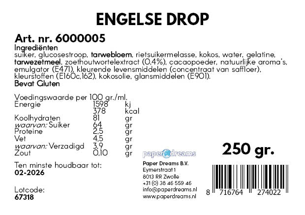 Engelse Drop Snoep 250gr van Paper Dreams koop je bij Partywinkel