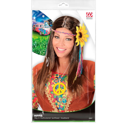 Hippie 60S Pruik Bruin Met Zonnebloem Haarband