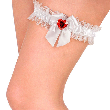 Witte Kousenband Met Rood Diamanten Hartje