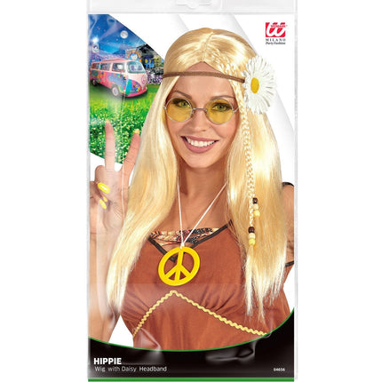 Hippie 60S Pruik Blond Met Madelief Haarband