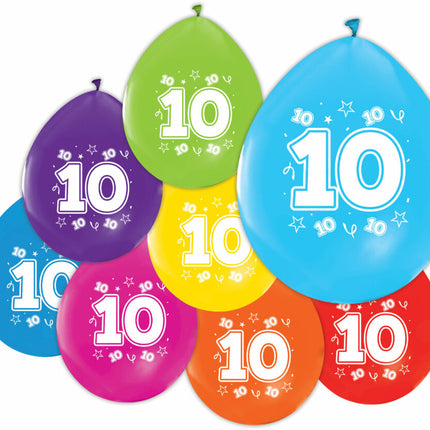 Gekleurde Ballonnen 10 Jaar 30cm 8st