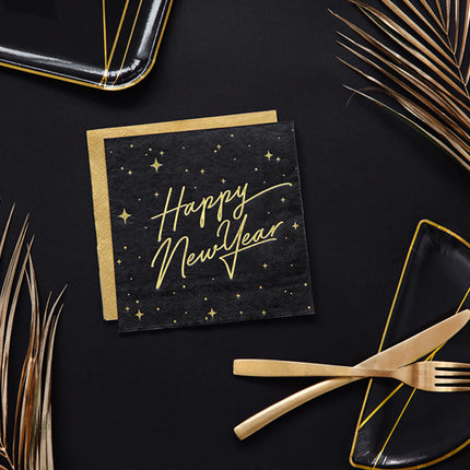 Happy New Year Servetten Zwart 33cm 20st