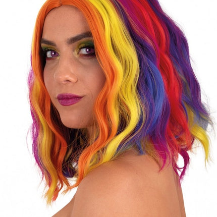Pruik Alicia Half Lang Met Wave Rood, Geel En Oranje