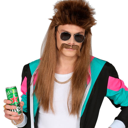 Jaren 80 Pruik Aso Bruin met Snor