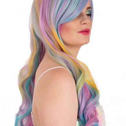 Pruik Selena Lang Met Krullen Pastel Regenboog Met Schuine Pony