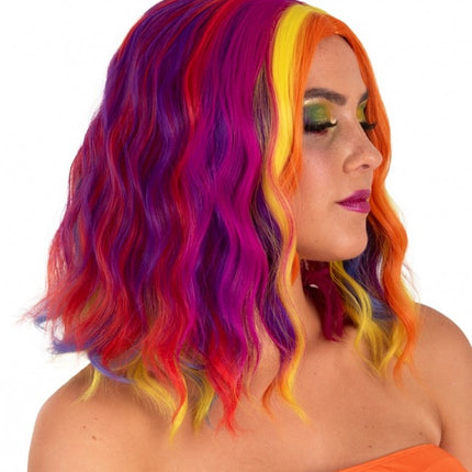 Pruik Alicia Half Lang Met Wave Rood, Geel En Oranje