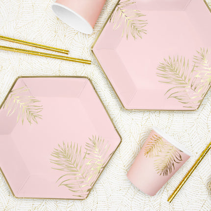 Roze Borden Gouden Bladeren 23cm 6st