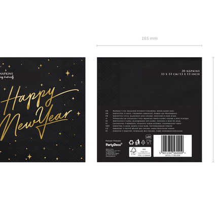 Happy New Year Servetten Zwart 33cm 20st