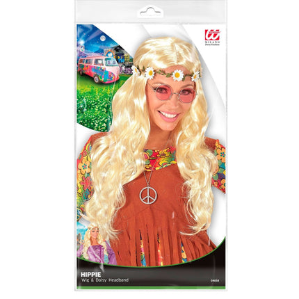 Hippie 60S Pruik Blond Met Bloemen Haarband
