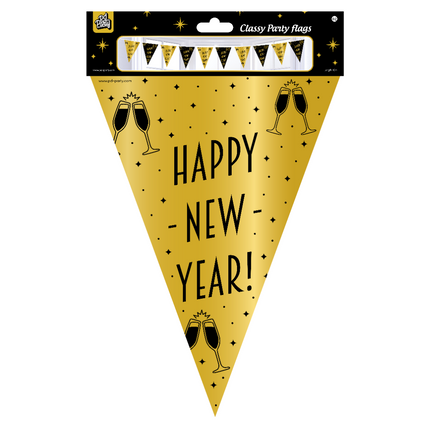 Vlaggenlijn Happy New Year Goud Zwart 10m
