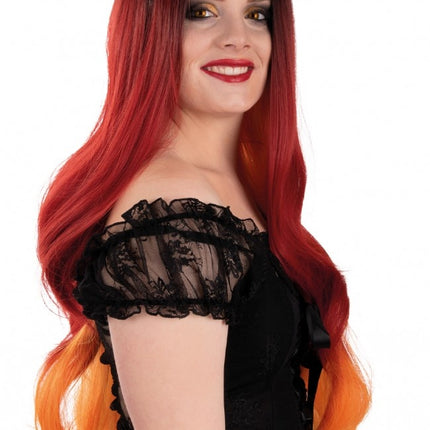 Pruik Selena Lang Met Krullen Rood En Oranje