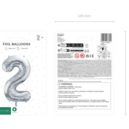 2 Jaar Cijfer Ballon Zilver Leeg 72cm